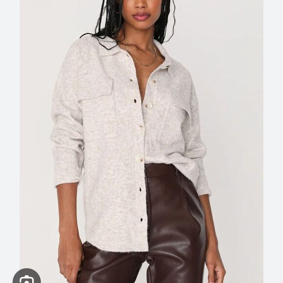 Lulu's Sweaters - Lulus Everyday Cozy Heather Beige Knit Shacket Oversized Button-Up Sweater Small